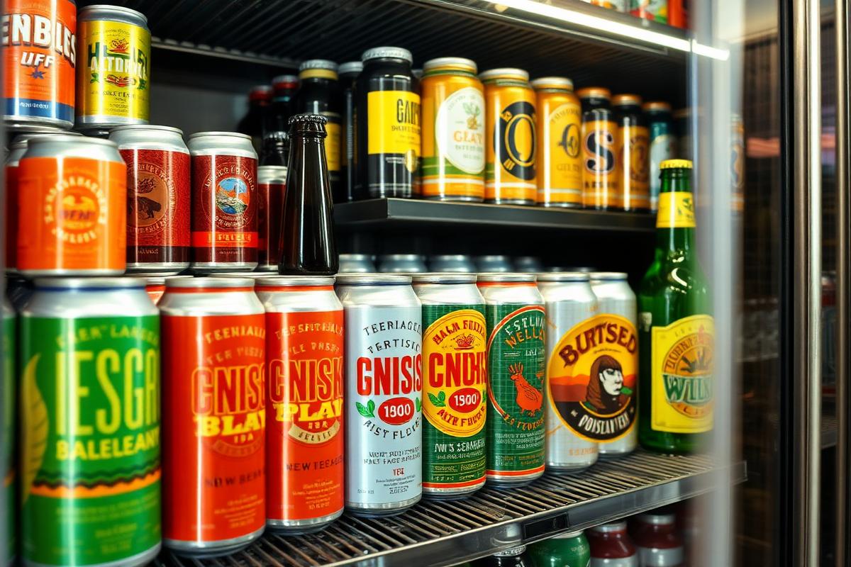 Craft beer cans and bottles in a store cooler