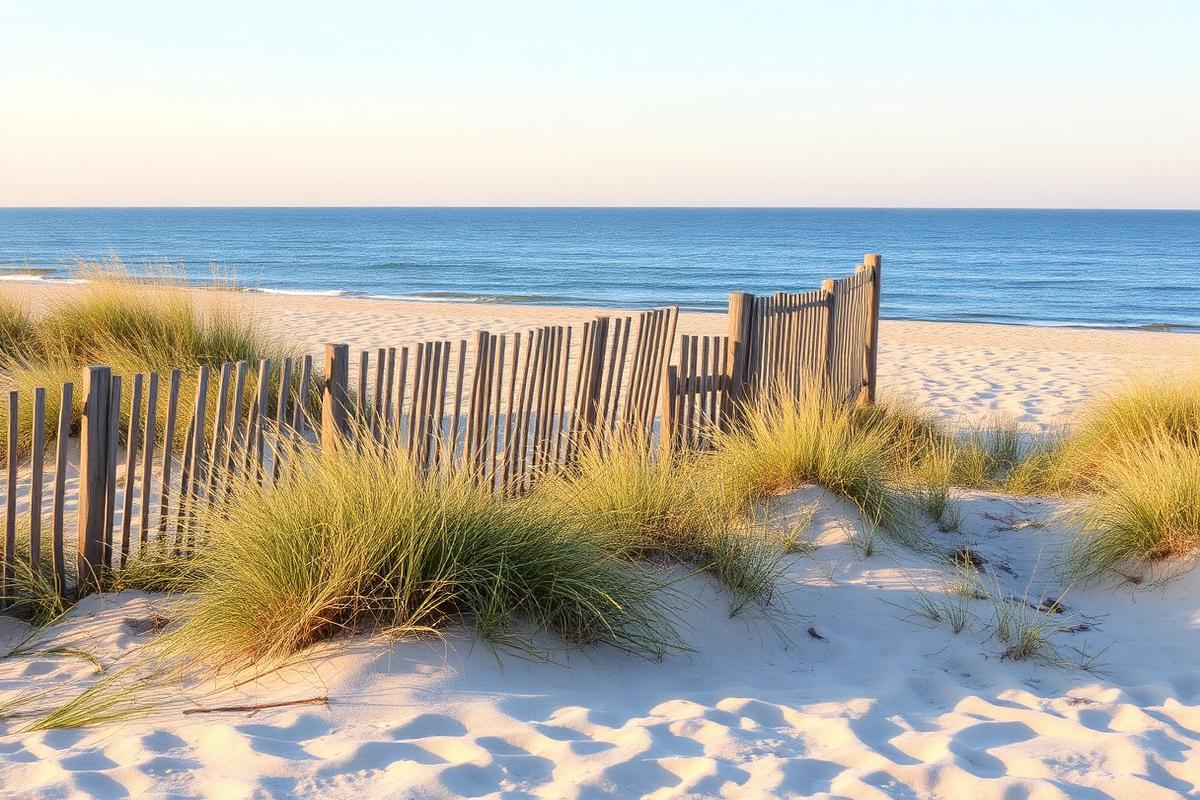 Good Harbor Beach in Gloucester — dune grass and a weathered fence on the sand