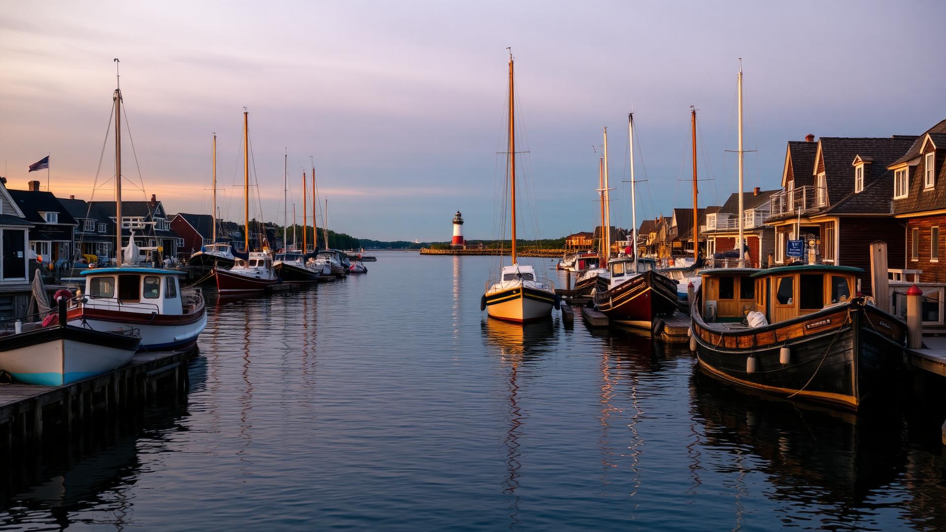 Gloucester harbor at golden hour with fishing boats and a lighthouse