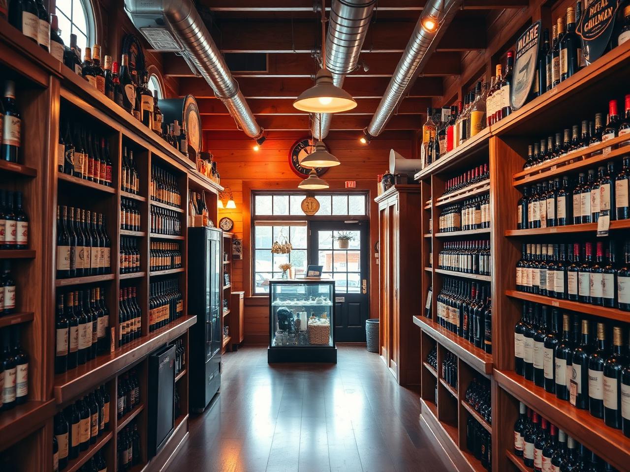 Inside Good Harbor Liquors — warm wooden shelves stocked with wine