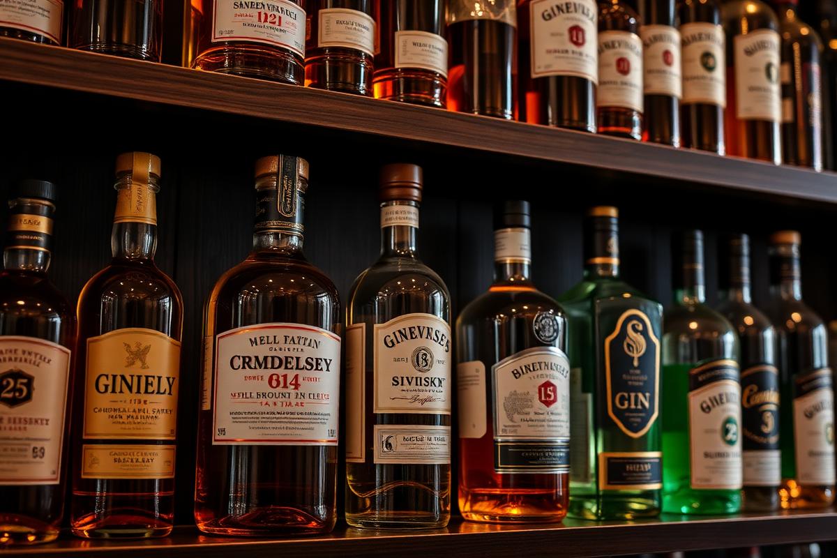Whiskey and gin bottles on a dark wood shelf