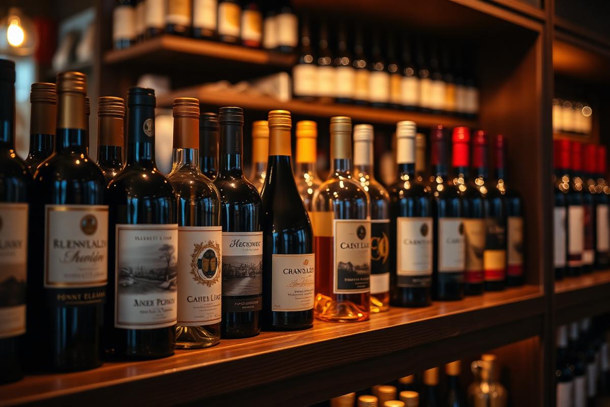 Curated wine bottles on a wooden shelf